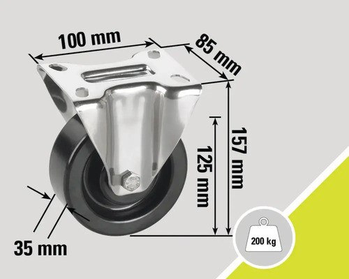 Roată pivotantă cu dimensiunile de 100 mm pe 85 mm, o înălțime de construcție de 157 mm, o lățime a rolei de 35 mm, un diametru al rolei de 125 mm și o capacitate portantă de 200 de kilograme