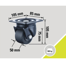 Roată pivotantă cu dimensiunile 105 mm x 85 mm, o înălțime a roții de 75 mm și o dimensiune a roții de 50 mm. Sarcina maximă 600 kg.