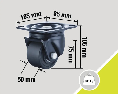 Roată pivotantă cu dimensiunile 105 mm x 85 mm, o înălțime a roții de 75 mm și o dimensiune a roții de 50 mm. Sarcina maximă 600 kg.