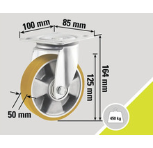 Roată pivotantă cu frână, dimensiuni și capacitate portantă 450 kg