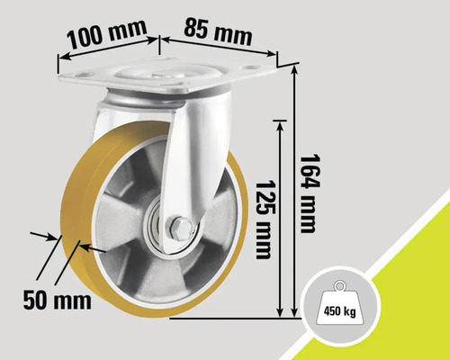 Roată pivotantă cu frână, dimensiuni și capacitate portantă 450 kg