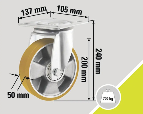 Roată pivotantă cu dimensiunile 137 mm, 105 mm, 240 mm, 200 mm și 50 mm, capacitate portantă de până la 700 kg