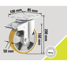 Roată pivotantă cu frână și specificații dimensionale: dimensiune placă 100 mm x 85 mm, înălțime construcție 200 mm, diametru roată 160 mm, lățime roată 50 mm, capacitate portantă 550 kg