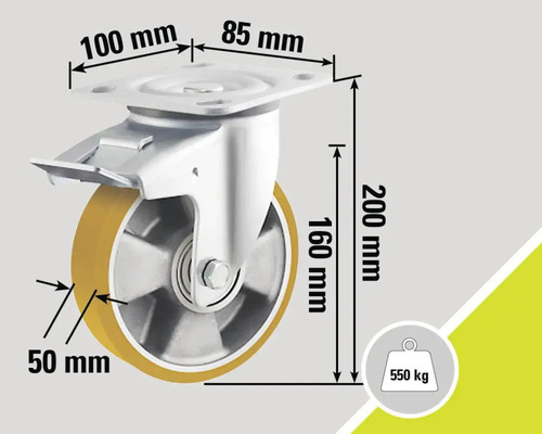 Roată pivotantă cu frână și specificații dimensionale: dimensiune placă 100 mm x 85 mm, înălțime construcție 200 mm, diametru roată 160 mm, lățime roată 50 mm, capacitate portantă 550 kg