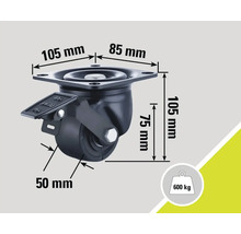 Roată pivotantă cu frână și dimensiunile 105 mm x 85 mm (placă), 105 mm (înălțime), 75 mm (diametrul roții) și 50 mm (lățimea roții), sarcină portantă până la 600 kg