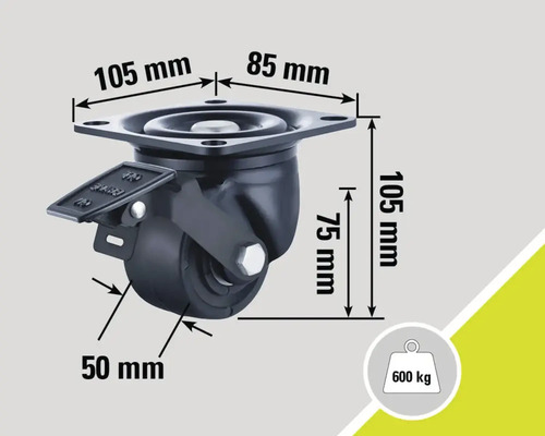 Roată pivotantă cu frână și dimensiunile 105 mm x 85 mm (placă), 105 mm (înălțime), 75 mm (diametrul roții) și 50 mm (lățimea roții), sarcină portantă până la 600 kg