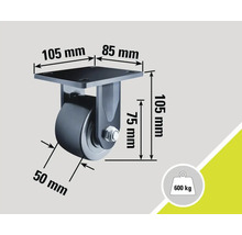 Roată pivotantă cu dimensiunile 105 mm x 85 mm, înălțime de 105 mm și o lățime a roții de 50 mm, capacitate portantă 600 kg