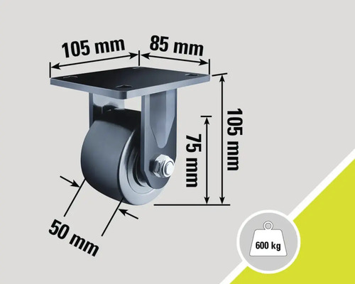 Roată pivotantă cu dimensiunile 105 mm x 85 mm, înălțime de 105 mm și o lățime a roții de 50 mm, capacitate portantă 600 kg