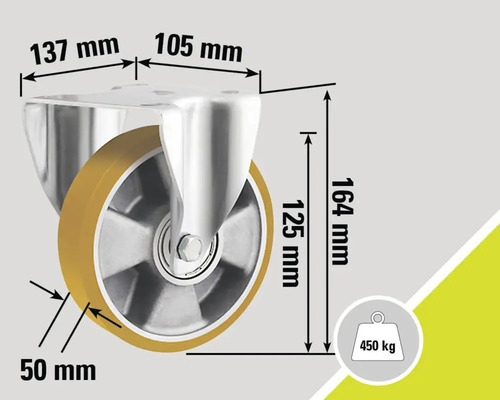 Suport rolă cu dimensiunile 137 mm x 105 mm, diametrul rolei 125 mm, lățimea rolei 50 mm, înălțimea de construcție 164 mm, capacitate portantă 450 kilograme