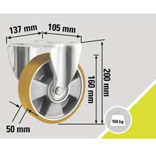 Suport rolă cu dimensiuni: 137 mm, 105 mm, 160 mm, 200 mm și 50 mm, capacitate portantă 550 kg