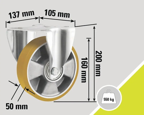 Suport rolă cu dimensiuni: 137 mm, 105 mm, 160 mm, 200 mm și 50 mm, capacitate portantă 550 kg