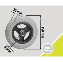Roată gri cu dimensiunile 150 mm înălțime, 30 mm lățime anvelopă și 8 mm lățime butuc, sarcină maximă 75 kg