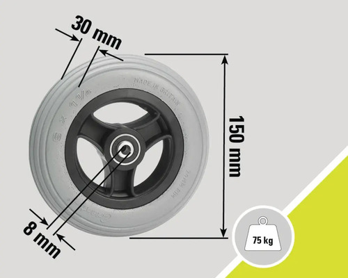 Roată gri cu dimensiunile 150 mm înălțime, 30 mm lățime anvelopă și 8 mm lățime butuc, sarcină maximă 75 kg