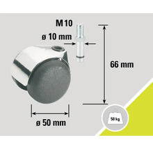 Rotiță pentru mobilă cu știft filetat M10, diametru 50 mm, capacitate portantă 50 kg