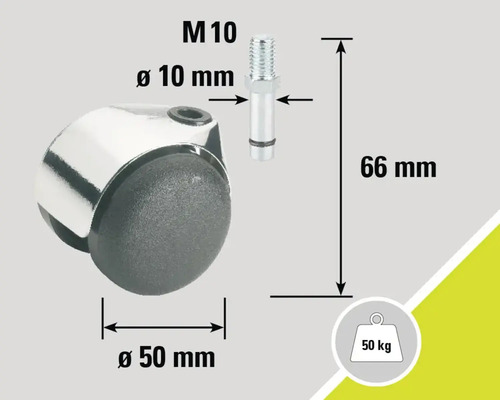 Rotiță pentru mobilă cu știft filetat M10, diametru 50 mm, capacitate portantă 50 kg