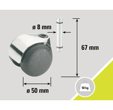Rotiță pentru mobilă cu tijă, diametru 50 mm, diametru tijă 8 mm, lungime tijă 67 mm, capacitate portantă 50 kg