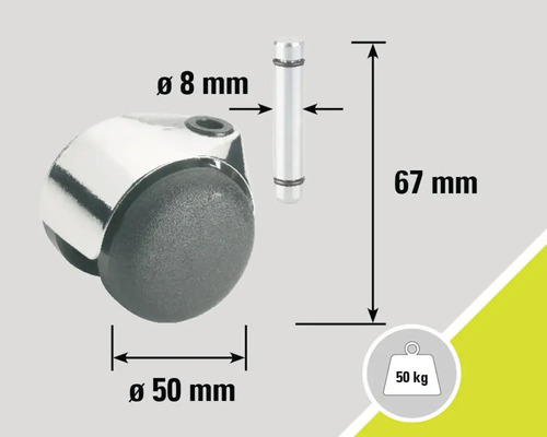 Rotiță pentru mobilă cu tijă, diametru 50 mm, diametru tijă 8 mm, lungime tijă 67 mm, capacitate portantă 50 kg