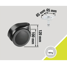 Rotiță pentru mobilă cu dimensiunile 100 mm x 120 mm, placă de fixare 65 mm x 65 mm, capacitate portantă 120 kg