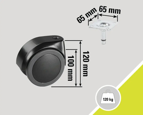 Rotiță pentru mobilă cu dimensiunile 100 mm x 120 mm, placă de fixare 65 mm x 65 mm, capacitate portantă 120 kg