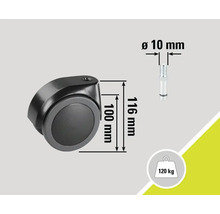 Rotiță pentru mobilă cu dimensiunile 100 mm înălțime, 116 mm lungime, 10 mm diametru și o capacitate maximă de încărcare de 120 kg
