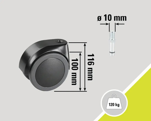 Rotiță pentru mobilă cu dimensiunile 100 mm înălțime, 116 mm lungime, 10 mm diametru și o capacitate maximă de încărcare de 120 kg