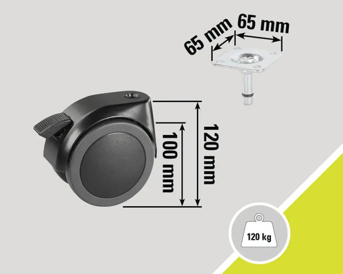Rotiță pentru mobilă cu frână și informații despre dimensiuni și capacitatea portantă de 120 kilograme