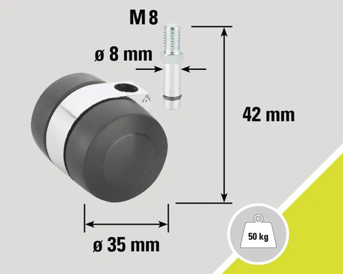 Oprirea ușii cu dimensiunile M8, diametru 8 mm, diametru 35 mm și înălțime 42 mm, capacitate portantă până la 50 kg