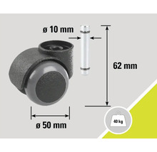 Rotilă pentru mobilă cu tijă, diametru 50 mm, diametru tijă 10 mm, lungime tijă 62 mm, capacitate portantă 40 kg
