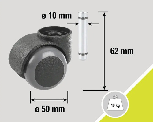 Rotilă pentru mobilă cu tijă, diametru 50 mm, diametru tijă 10 mm, lungime tijă 62 mm, capacitate portantă 40 kg