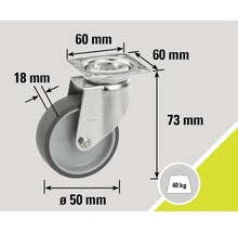Vizualizare rolă cu dimensiuni: diametru roată 50 mm, dimensiune placă 60 mm, înălțime construcție 73 mm, lățime roată 18 mm și capacitate portantă 40 kilograme