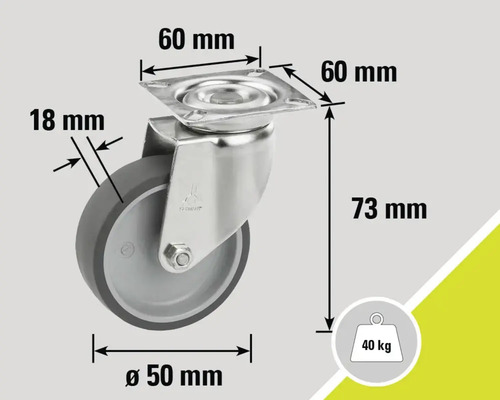 Vizualizare rolă cu dimensiuni: diametru roată 50 mm, dimensiune placă 60 mm, înălțime construcție 73 mm, lățime roată 18 mm și capacitate portantă 40 kilograme