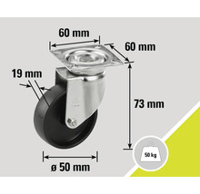 Rotiță cu capacitate de încărcare de 50 kilograme și dimensiuni de 60 mm pe 60 mm, diametrul roții de 50 mm
