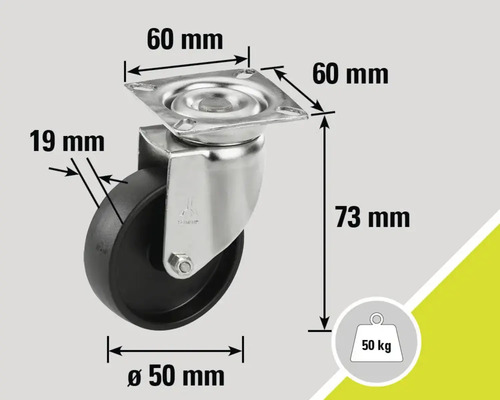 Rotiță cu capacitate de încărcare de 50 kilograme și dimensiuni de 60 mm pe 60 mm, diametrul roții de 50 mm