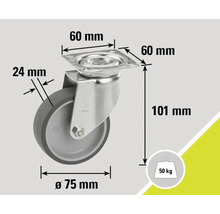 Roată pivotantă cu dimensiunile de 60 mm x 60 mm, diametrul roții de 75 mm, lățimea roții de 24 mm și o înălțime de 101 mm, capacitate portantă de 50 kg
