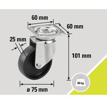 Roată pivotantă cu dimensiunile de 60 mm x 60 mm, 25 mm, diametru de 75 mm și 101 mm, capacitate portantă de până la 60 kg