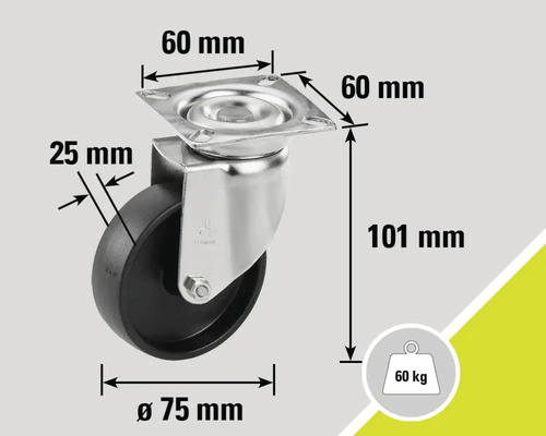 Roată pivotantă cu dimensiunile de 60 mm x 60 mm, 25 mm, diametru de 75 mm și 101 mm, capacitate portantă de până la 60 kg
