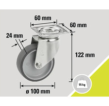 Rotiță pivotantă cu dimensiunile 60 mm x 60 mm, diametrul roții 100 mm, lățimea roții 24 mm, înălțimea constructivă 122 mm și o capacitate portantă de 55 kg