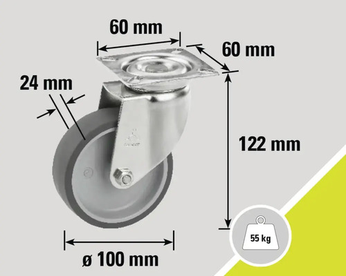 Rotiță pivotantă cu dimensiunile 60 mm x 60 mm, diametrul roții 100 mm, lățimea roții 24 mm, înălțimea constructivă 122 mm și o capacitate portantă de 55 kg