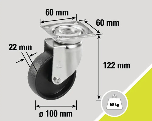 Rotiță pivotantă cu dimensiunile 60 mm x 60 mm x 122 mm și o capacitate portantă de 60 kg