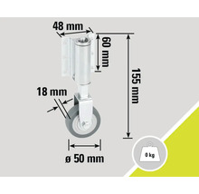 Imagine cu o rolă pentru mobilă cu dimensiunile 48 mm, 60 mm, 155 mm, 18 mm și diametrul de 50 mm.