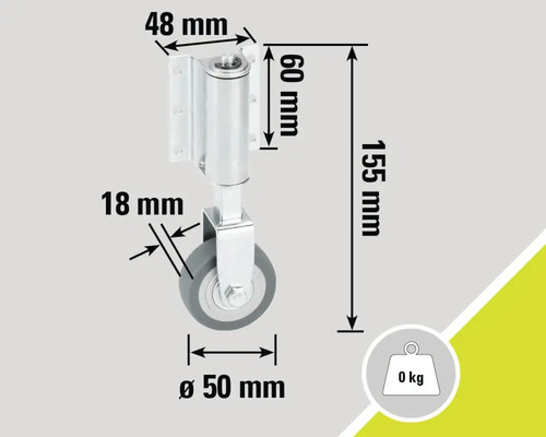 Imagine cu o rolă pentru mobilă cu dimensiunile 48 mm, 60 mm, 155 mm, 18 mm și diametrul de 50 mm.