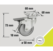 Roată pivotantă cu dispozitiv de blocare și dimensiunile 60 x 60 milimetri, înălțime 73 milimetri și diametru 50 milimetri, capacitate portantă 40 kilograme