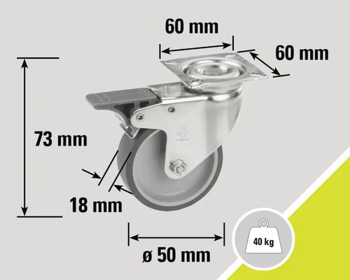 Roată pivotantă cu dispozitiv de blocare și dimensiunile 60 x 60 milimetri, înălțime 73 milimetri și diametru 50 milimetri, capacitate portantă 40 kilograme