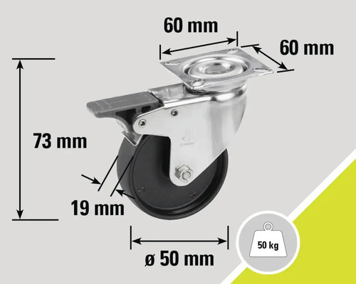 Rotiță pivotantă cu frână, capacitate portantă 50 kilograme