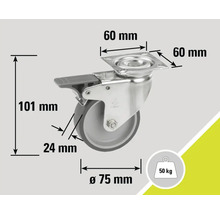 Roată pivotantă cu frână, diametrul roții de 75 mm, capacitate portantă de 50 kg