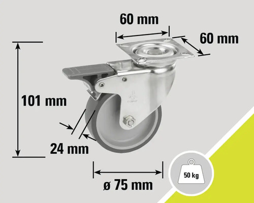 Roată pivotantă cu frână, diametrul roții de 75 mm, capacitate portantă de 50 kg
