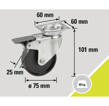 Roată pivotantă cu frână, dimensiuni: 75 mm diametru, 101 mm înălțime, sarcină maximă: 60 kg