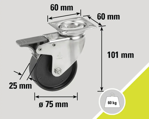 Roată pivotantă cu frână, dimensiuni: 75 mm diametru, 101 mm înălțime, sarcină maximă: 60 kg