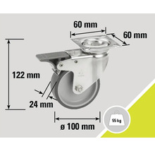 Roată pivotantă cu frână și dimensiunile 122 mm înălțime, 100 mm diametru roată și 55 kg capacitate de încărcare