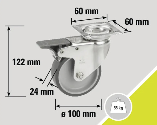 Roată pivotantă cu frână și dimensiunile 122 mm înălțime, 100 mm diametru roată și 55 kg capacitate de încărcare